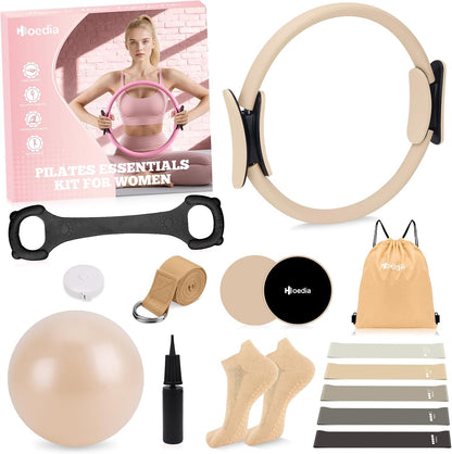 Hoedia Pilates Kit for Women, Pilates Equipment Ring and Ball Set with Resistance Bands, Yoga Strap, Core Sliders, Socks, Bag & Guide for Starter Home Workout Fitness Gym Essentials