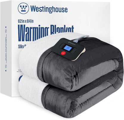 Westinghouse Heated Throw Blanket, Electric Blanket Throw with 6 Heating Levels and 2-10 Hours Time Settings, Flannel to Sherpa Super Cozy Heated Blanket Machine Washable, 50x60 inch, Charcoal