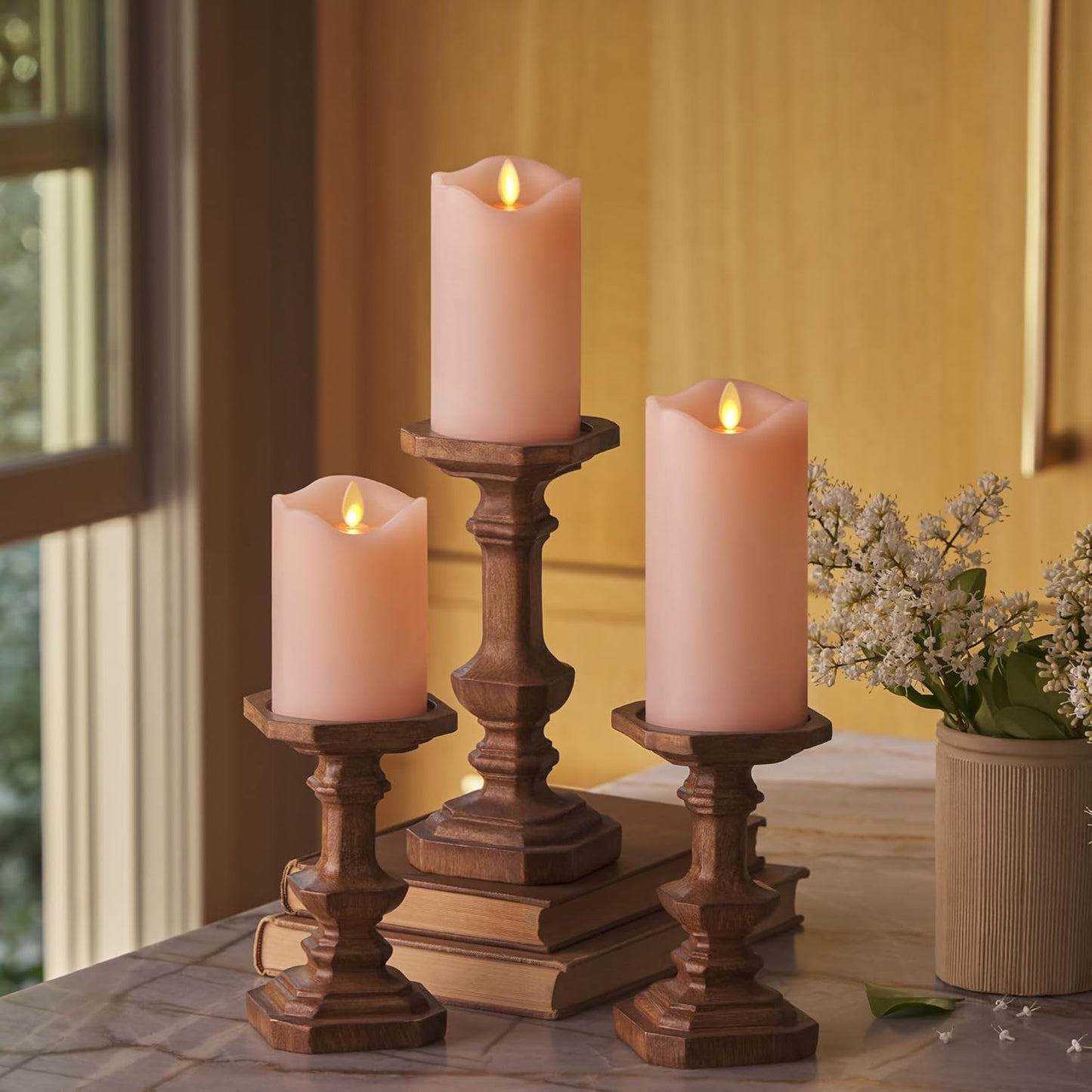 Matchless Candle Co. by Luminara Set of 3 Flameless LED Pillar Candles, Real Wax, Moving Flame (3x4.5, 3x5.5, 3x6.5 Inch, Unscented)