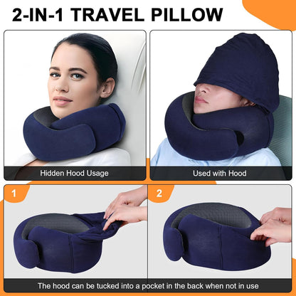 Travel Pillow - Hooded Neck Pillow Airplane Memory Foam Filling for Plane, Office, Cars Sleeping, Road Trip, Long Flights, Airplane Travel Essentials, Includes Eye Mask & Earplugs (Green)