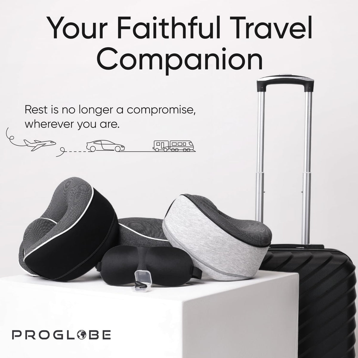 Proglobe Travel Neck Pillow for Airplanes, Long Haul Flight Kit, Grey