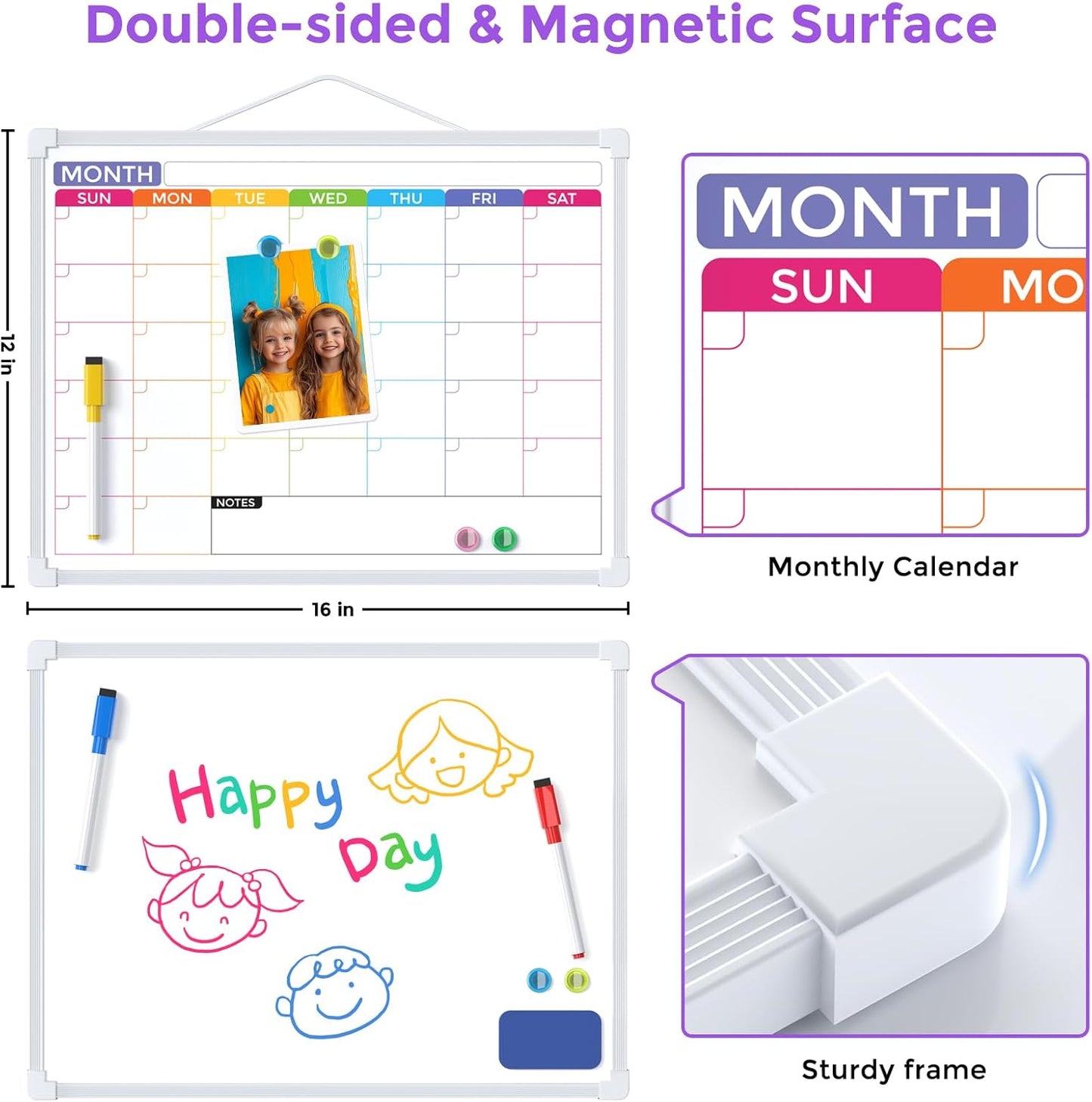 MaxGear Weekly Calendar Dry Erase Board, 16" x 12" Double-Sided Whiteboard | Double-Sided Design, Portable Weekly Planner, Magnetic Surface, 5 Markers & 4 Magnets, Hanging for Drawing, Memo, to Do List