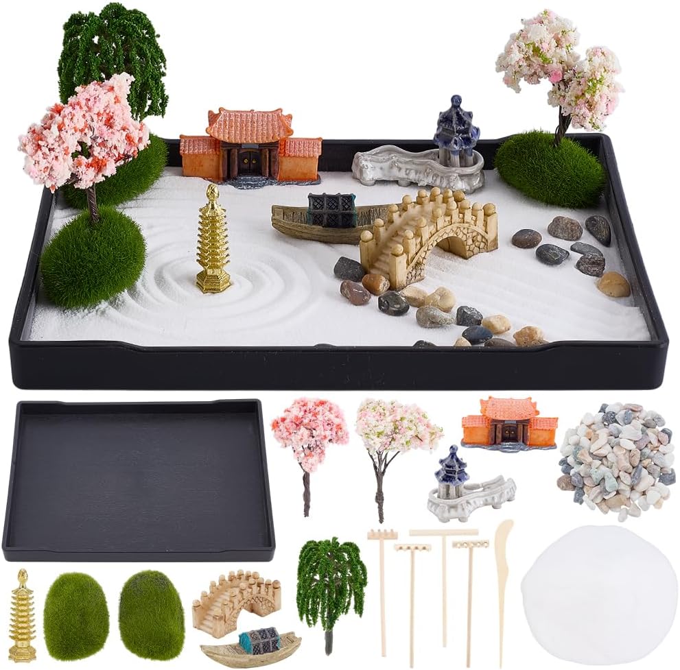 WEBEEDY Zen Garden Kit for Desk,Mini Japanese Desktop Sandbox Include Rakes,Artificial Tree,Pagoda,Bridge for Office Home Desktop Relaxation Decor,8.3x6.2/21x15.7cm Rectangular Tray