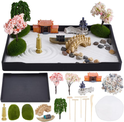 WEBEEDY Zen Garden Kit for Desk,Mini Japanese Desktop Sandbox Include Rakes,Artificial Tree,Pagoda,Bridge for Office Home Desktop Relaxation Decor,8.3x6.2/21x15.7cm Rectangular Tray
