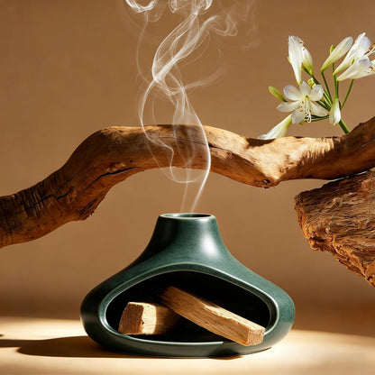 Ceramic Palo Santo Holder with Mini Chimney, Ash Catcher Incense Holder for Palo Santo Sticks, Sage Bundles, Incense Cones, Fireplace Style Smudge Bowl for Meditation, Yoga Home Decor(White)
