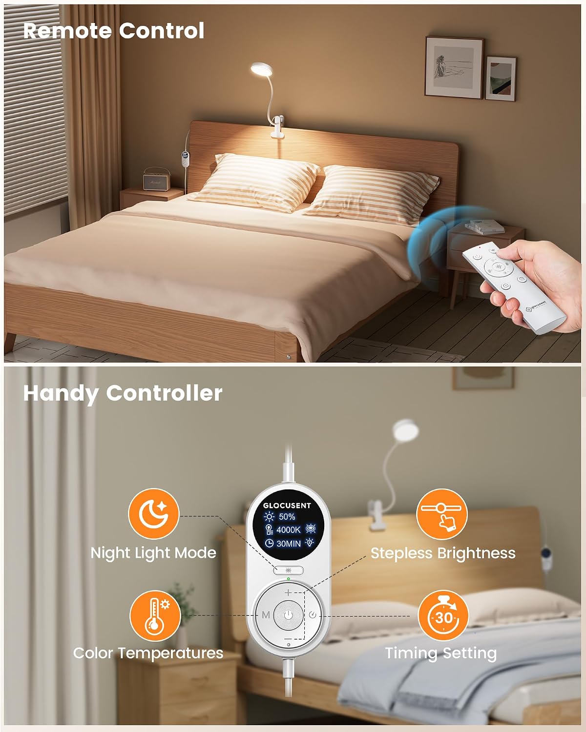 Glocusent Clip on Light, 72 LEDs Clip on Lamp with Amber Night Light, 3 Colors & 5 Brightness Bed Lamp, 30/60-Min Auto Off Timer, Perfect Eye Caring Reading Lamps for Bed/Headboard/Table/Desk