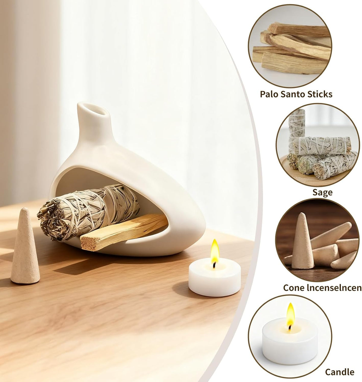 Palo Santo Holder, Ceramic Incense Burner for Sticks Sage Holders Cone Burning Smudge Bowl with Ash Brush for Meditation Yoga Spa Room Decor (White)