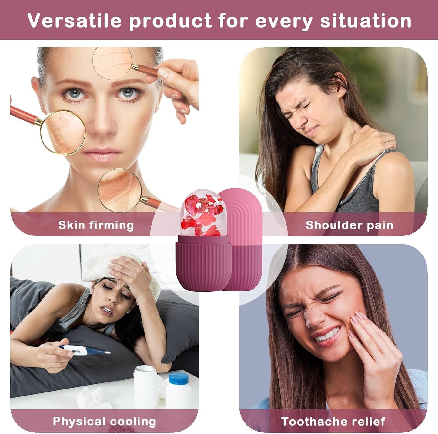 XHJRI Ice Cube Roller Massager for Face, Eyes and Neck Naturally Conditioning and Skin Care,De-Puff Eye Bags,Reduce Migraine Pain,Reusable Massage Silicone Ice Mold (Pink)