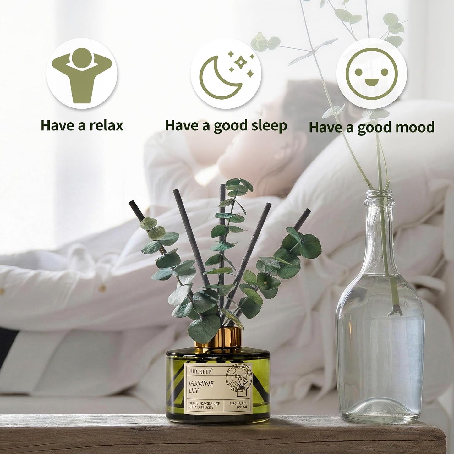 Airkeep Reed Diffuser Set with 6.76 fl oz Forest Mist Scent Essential Oils and 3 Leaves & 8 Diffuser Sticks,Bathroom Shelf Decor & Air Freshener, House Bedroom Office Decor & Gifts