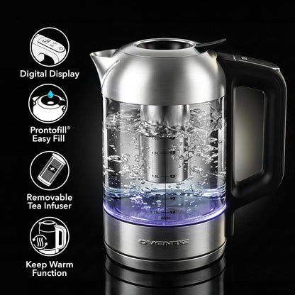 OVENTE Digital Glass Electric Kettle with Temperature Control, 1.8L Cordless Electric Tea Kettle with 7 Presets, Water Boiler Electric Pot, Keep Warm Function, Auto Shut-Off, Silver KGD752S