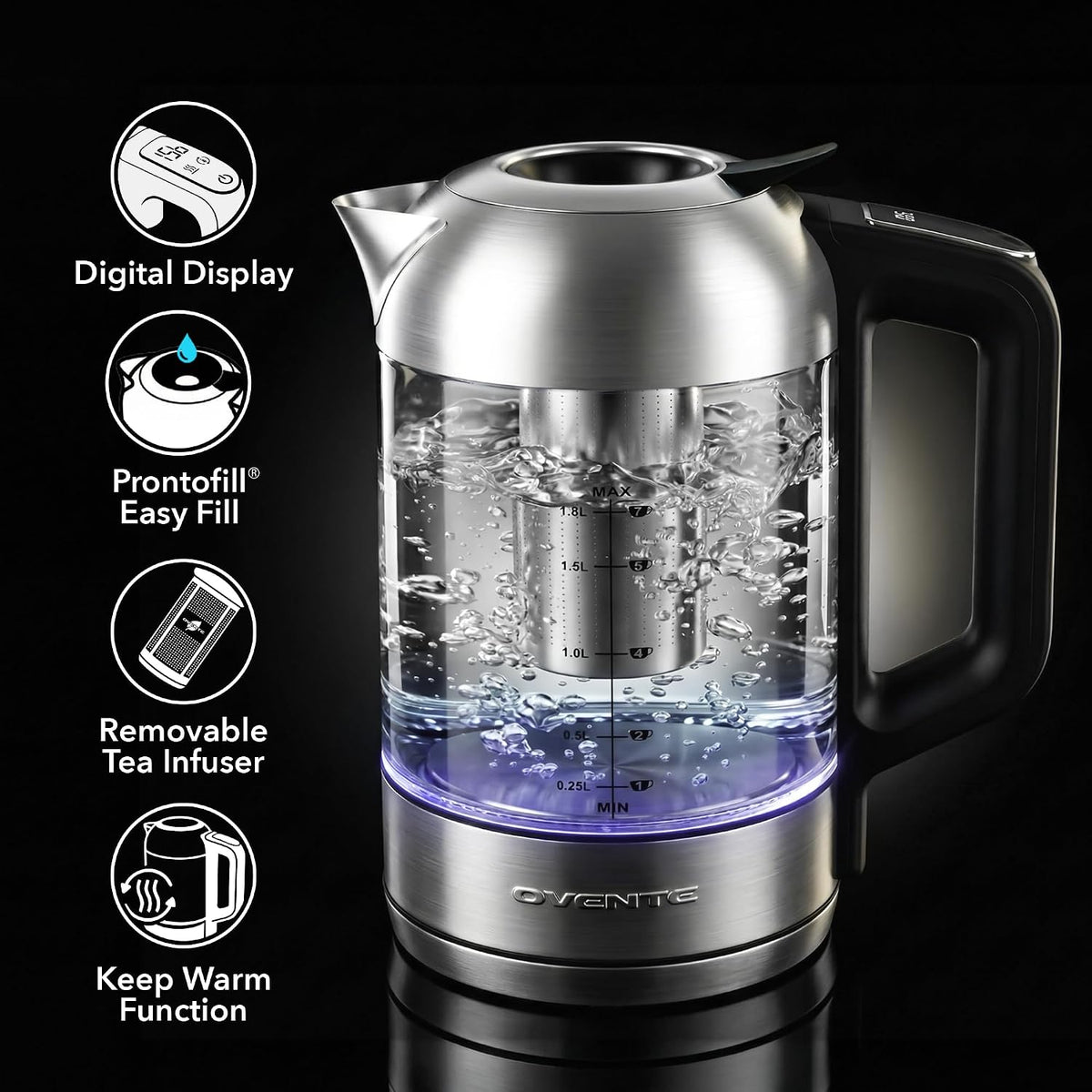 OVENTE 1.8L Glass Electric Kettle with Tea Infuser, Silver KGD752S