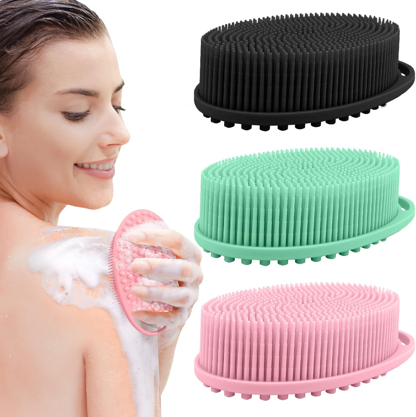 PQRUU 3 Pack Silicone Body Scrubber, Exfoliating Soft Loofah Bath Body Scrubbers for Use in Shower, Exfoliating Body Scrubber Fit for All Kinds of Skin, Rapid Foaming Black+Blue+Pink
