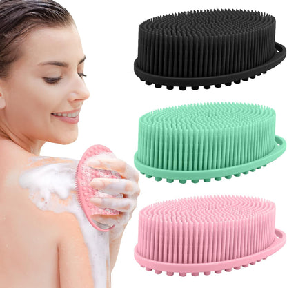PQRUU 3 Pack Silicone Body Scrubber, Exfoliating Soft Loofah Bath Body Scrubbers for Use in Shower, Exfoliating Body Scrubber Fit for All Kinds of Skin, Rapid Foaming Black+Blue+Pink