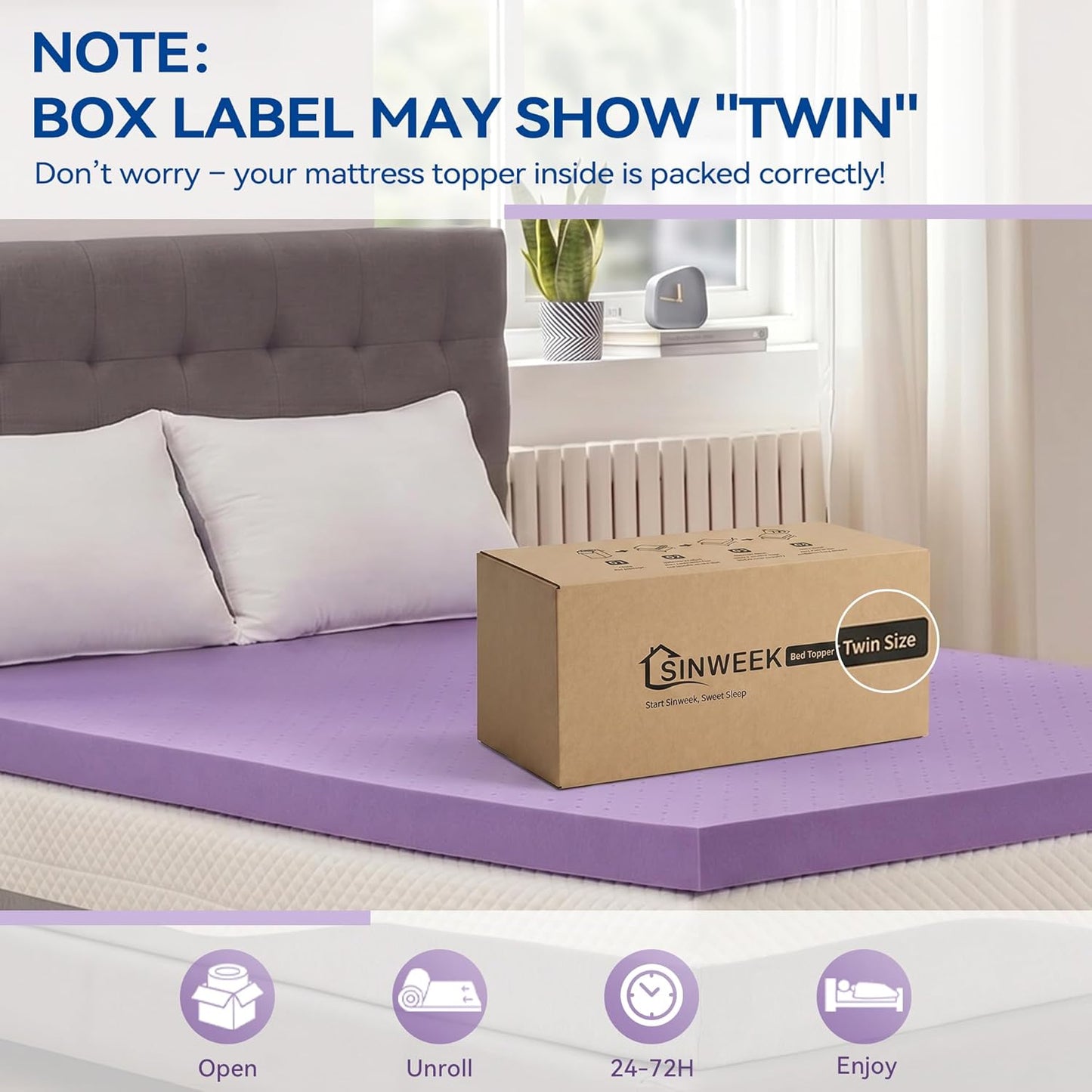 SINWEEK 2 Inch Gel Memory Foam Mattress Topper Ventilated Soft Pressure Relieve Mattress Pad, Breathable Bed Topper, CertiPUR-US Certified, Twin Size