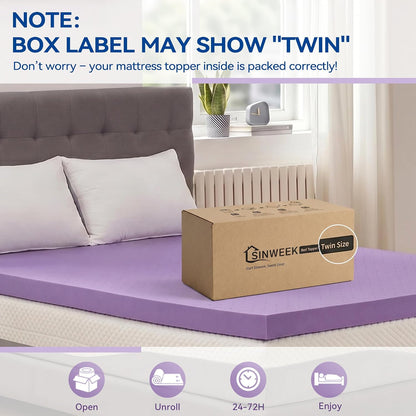 SINWEEK 2 Inch Gel Memory Foam Mattress Topper Ventilated Soft Pressure Relieve Mattress Pad, Breathable Bed Topper, CertiPUR-US Certified, Twin Size