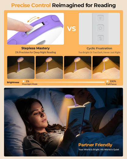 18 LED Rechargeable Clip On Book Light | 3 Color Temperatures, Stepless Dimming, Timer & Memory Function, Wide Beam Lighting, Bed Reading and Travel Use