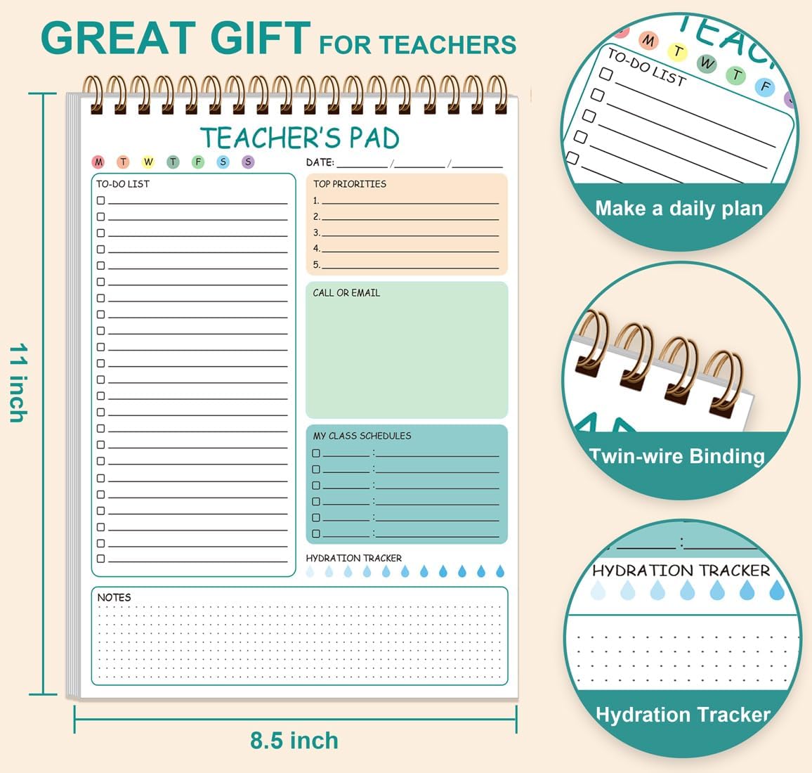 Teacher Notepad - A4 Teacher To Do List Notepad, Spiral Checklist Notebook Organizer for Teachers Notes Task Appointment, Teacher Appreciation Gifts, 8'' x 11'', Green