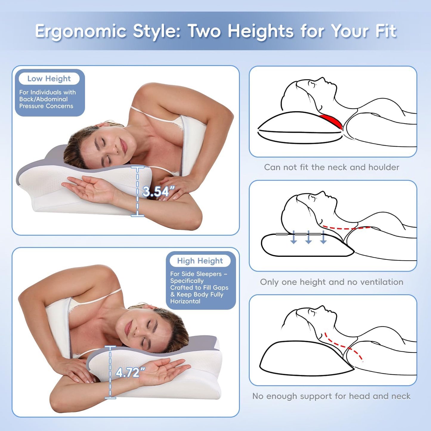 Cervical Neck Pillow, Memory Foam Pillows for Neck & Shoulder Pain Relief, 2 Heights Ergonomic Pillow with Breathable Ice Silk Cover, Neck Support Pillow for Stomach Sleepers Grey