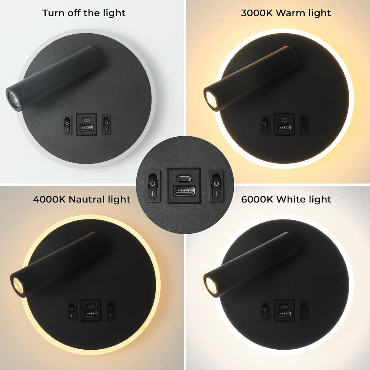 Plug in Wall Lamps for Bedroom Living Room, Wall Mounted Reading Lights with USB C+A Charging Ports, Headboard Lamp 360°Rotation, Wall Mount Lamp with 3 Color Temperature 3W+9W Night Light