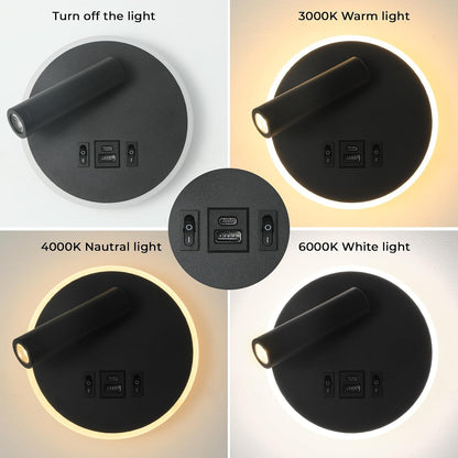 Plug in Wall Lamps for Bedroom Living Room, Wall Mounted Reading Lights with USB C+A Charging Ports, Headboard Lamp 360°Rotation, Wall Mount Lamp with 3 Color Temperature 3W+9W Night Light