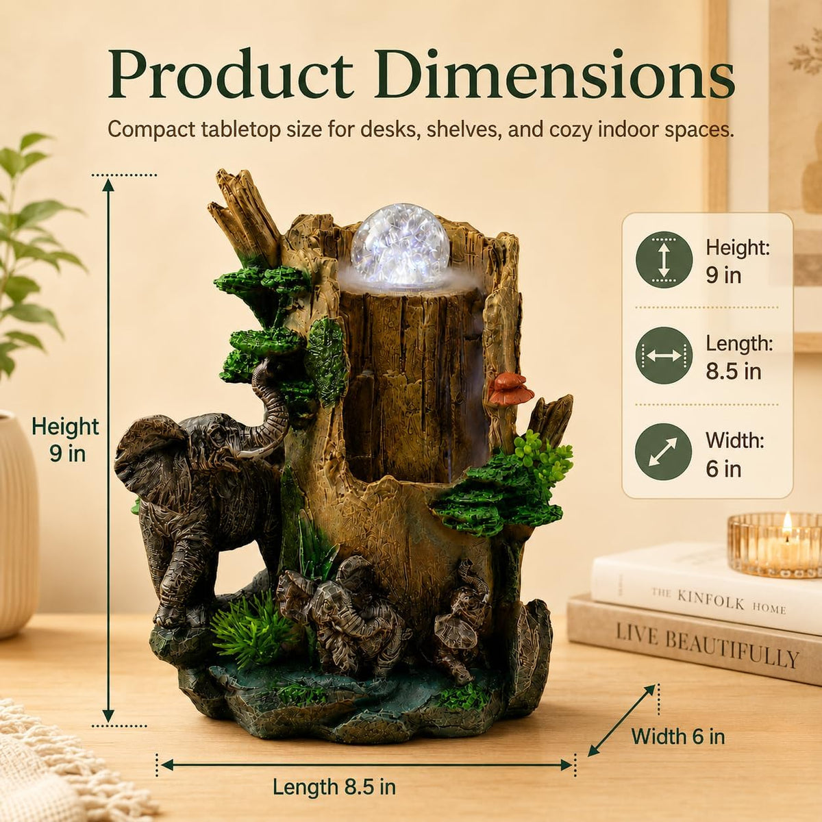 Indoor Tabletop Water Fountain with LED Light, Resin Rock-Look Waterfall Decor, Feng Shui Inspired Zen Fountain for Desk, Office, Bedroom, Living Room & Meditation Space (9" Cascading Rock)