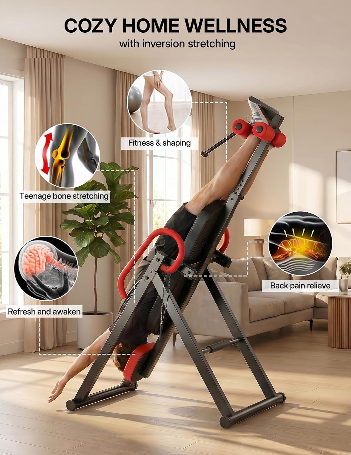 YOLEO Gravity Inversion Table for Back Pain Relief 2026 New Inversion Table w/Lumbar Support Easy to Assemble Back Stretcher Machine 300 lbs