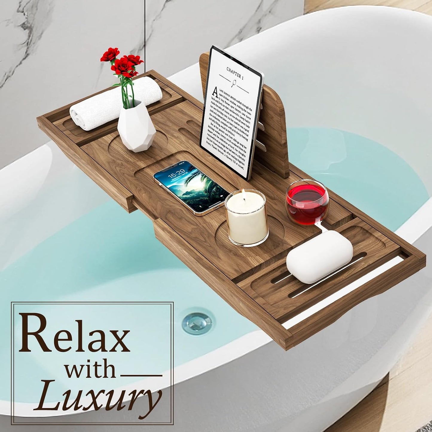 Premium Bamboo Bathtub Tray Caddy - Bath Tub Tray Table for Bathtub - Bath Caddy Tray for Bathtub, Expandable Size, Fits Most Bath Tubs