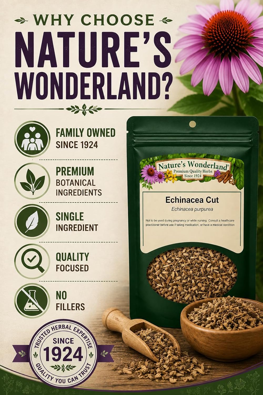 Nature's Wonderland Echinacea Purpurea Root Cut 4oz. (Echinacea purpurea) – Wild Harvested Herbal Tea Cut | Premium Botanical Ingredient | No Fillers | Herbal Tea, Decoctions & DIY Herbal Preparations