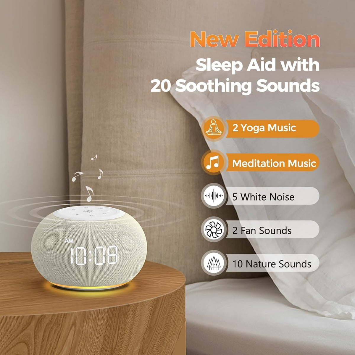 REACHER Auto-Dimmable Sound Machine Alarm Clock with 20 Sounds&Night Light