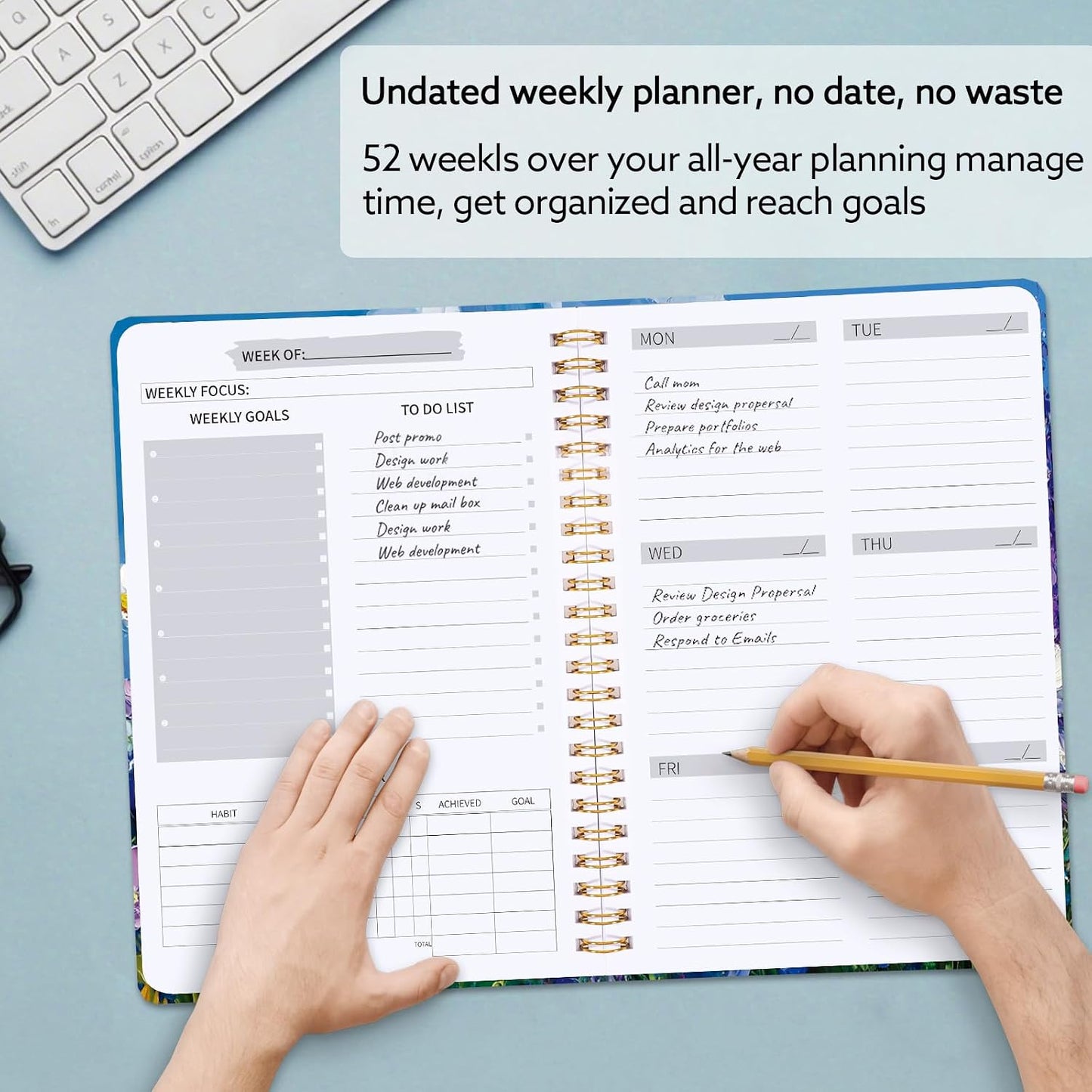 Undated Weekly Planner with Habit Tracker, 52 Weeks To Do List Notebook A5 Weekly Goal Planner with Spiral Binding & Stickers Home Work School Supplies for Women Girls 8.2" x 5.7" - Pink