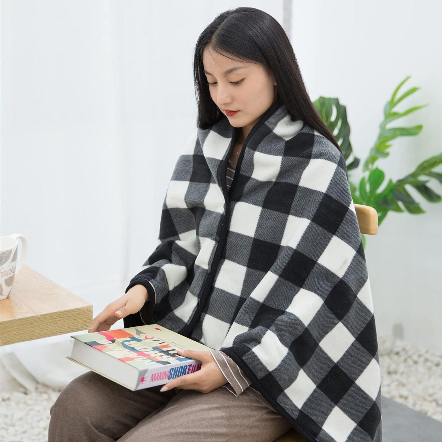 forestfish Fleece Wearable Blanket, Plaid Lap Blanket Comfy Poncho Throw with Buttons for Bed Sofa Office, Grey-White