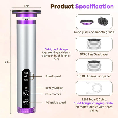 Electric Foot Callus Remover, Apply Oil,Foot File,Reusable Nano-Glass Head, Ergonomic Premium Aluminum Callus Remover for feet, Professional Foot SPA Pedicure Tool at Home
