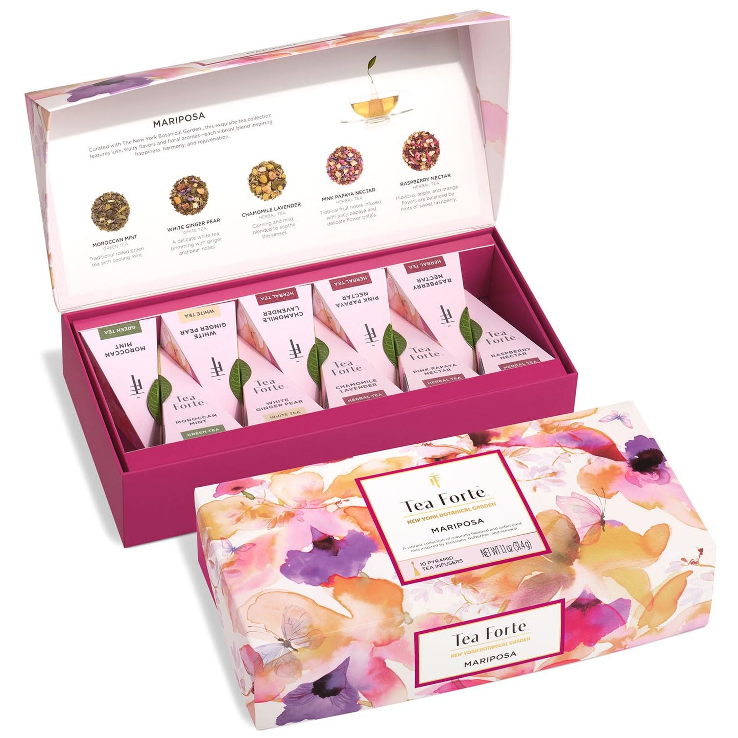 Tea Forte Premium Petite Presentation Box Gift Set Sampler, 10 Count, 2 of Each Blend Individually Wrapped Handcrafted Pyramid Infuser Bags, Demoiselle Tea