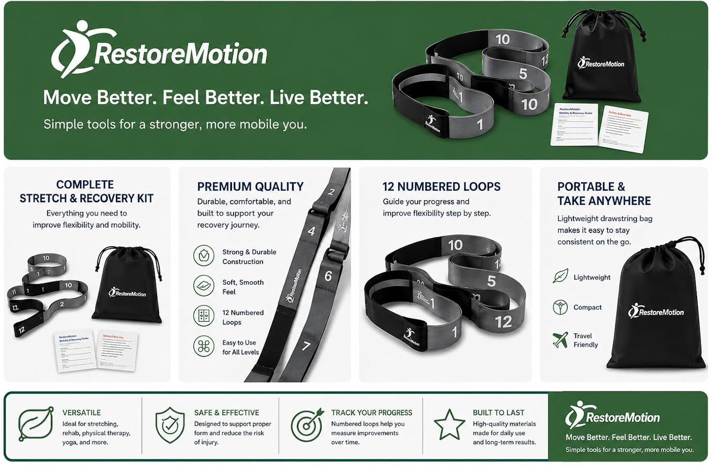 12 Loop Stretching Strap for Physical Therapy, Yoga, Flexibility & Rehabilitation