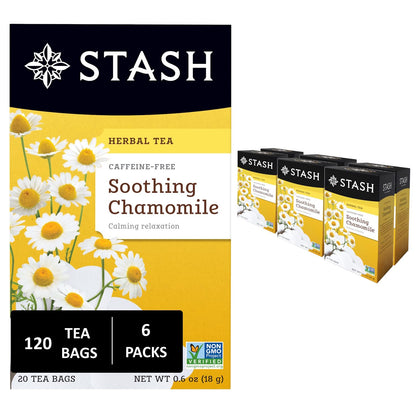 Stash Tea Chamomile Herbal Tea - Naturally Caffeine Free, Non-GMO Project Verified Premium Tea with No Artificial Ingredients, 20 Count (Pack of 6) - 120 Bags Total