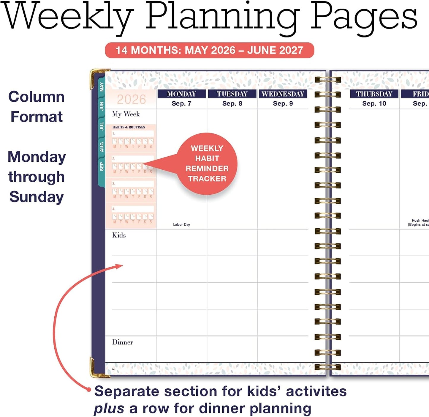 FAMILY PLANNER ORGANIZER – 8.5" x 11" Weekly & Monthly Calendar (May 2026-Jun 2027). 5+ People, Meal Planning, Budgeting, Habit Tracker – Hardcover, Household Schedule Organizer for Parents, Kids, & Caregivers (Navy Gold Numbers)