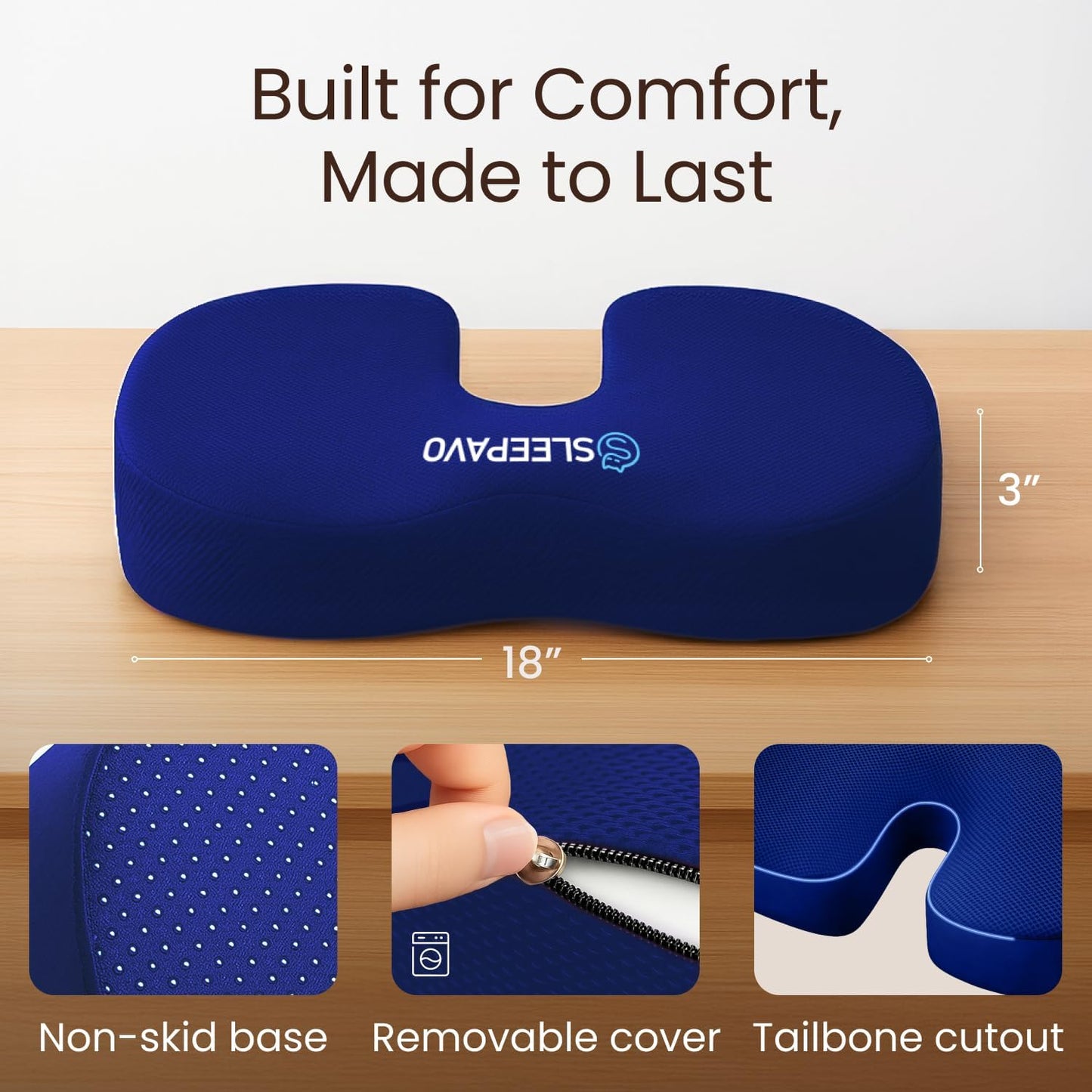 Sleepavo Office Chair Cushion - Seat Cushion for Tailbone Pain Relief - Butt Pillow for Coccyx, Sciatica, and Lower Back Pain - Orthopedic Chair Pad for Lumbar Support in Office Desk, Car, Airplane