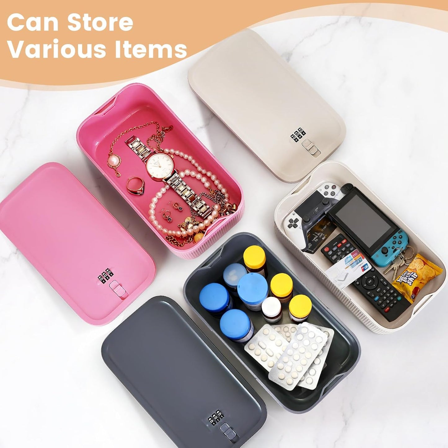 Small Lock Box, Lockable Storage Box with Combination Code for Medication Safe, Medicine Lock Box for Pills/First Aid Kits/Food/Snack Phone Jail, Locked Container for Home/Fridge/Office/School (Pink)