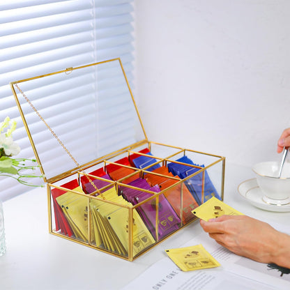 REDHUGO Glass Tea Bag Organizer, 8-Compartment Tea Storage Box, Gold