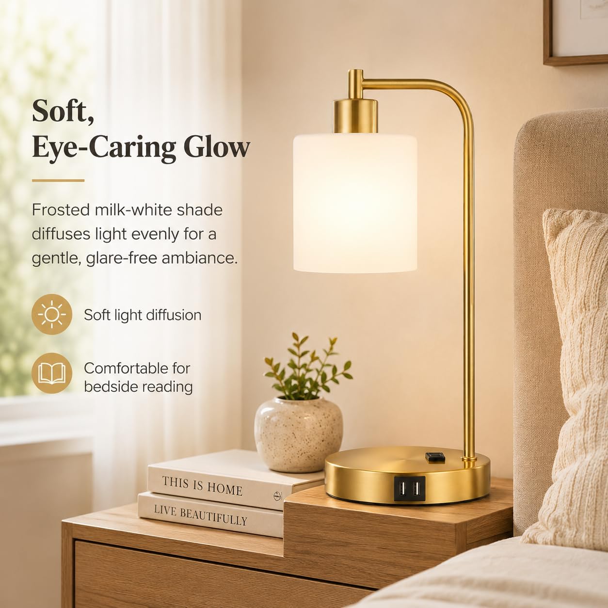 Set of 2 Industrial Touch Control Table Lamps with USB C+A Ports and AC Outlet - 3-Way Dimmable Black Bedside Lamps Nightstand Desk Lamps for Bedroom Living Room, Glass Shade & 2 LED Bulbs Included
