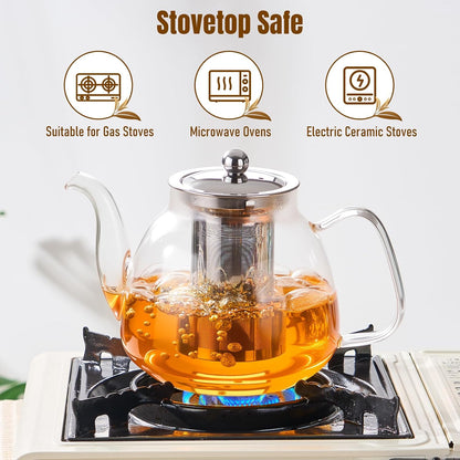 PARACITY Glass Teapot Stovetop 40 OZ/1200ml, Borosilicate Clear Tea Kettle with Removable 18/8 Stainless Steel Infuser, Teapot Blooming and Loose Leaf Tea Maker Tea Brewer for Camping, Travel