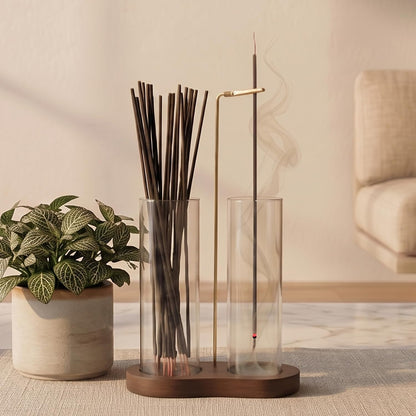 2 in 1 Anti-Ash Incense Holder for Sticks, Upside Down Hanging Incense Burner with Removable Glass Ash Catcher and Wooden Base, Modern Vertical Zen Decor for Home Office Yoga Meditation Room