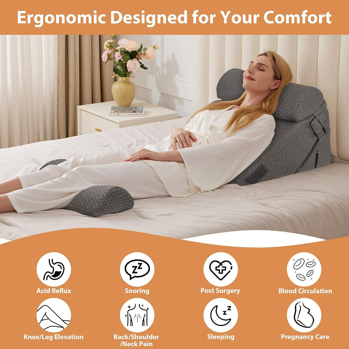 BIEEZZK Wedge Pillow Set for After Surgery, Wedge Pillow for Acid Reflux, Bed Wedge Pillow with Adjustable 9&12inch for Headboard,Sleeping, Orthopedic Memory Foam for Neck&Back Support, White/Grey