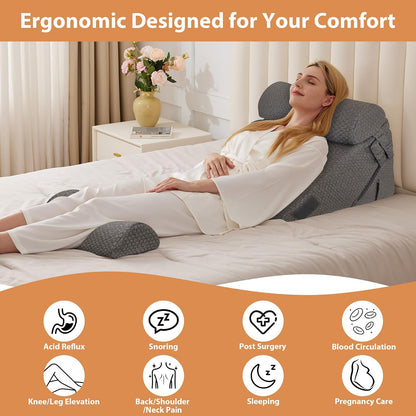 BIEEZZK Wedge Pillow Set for After Surgery, Wedge Pillow for Acid Reflux, Bed Wedge Pillow with Adjustable 9&12inch for Headboard,Sleeping, Orthopedic Memory Foam for Neck&Back Support, White/Grey
