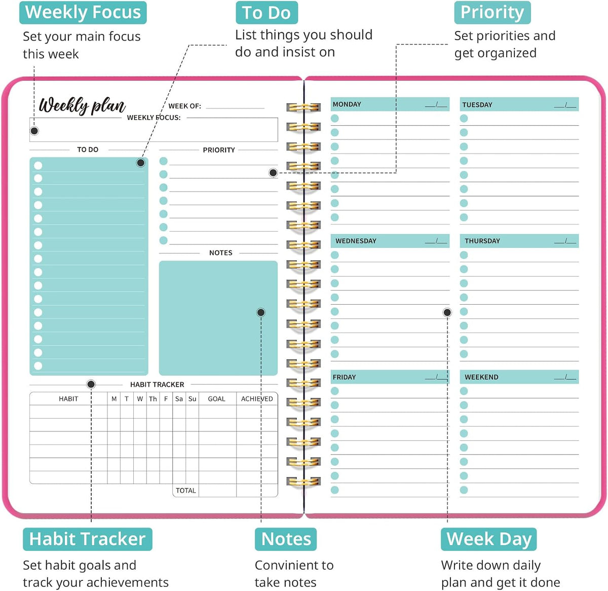Taja Undated Weekly Planner, To Do List Notebook with Habit Tracker, A5