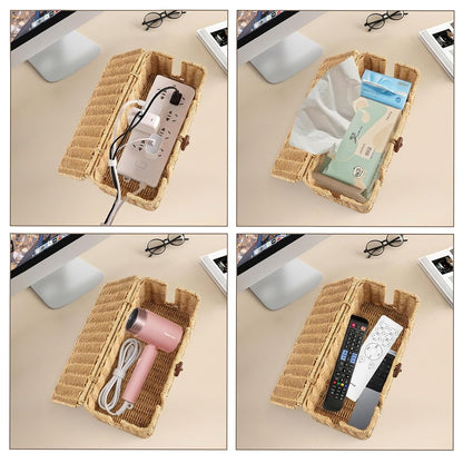 2 Pack Rattan Cable Management Box, Large Cord Organizer Box with Lid Under Desk Router Hider Storage Box with 4 Exits, Wire Box Hider for TV Wires Computer Surge Protector USB Hub Power Strip