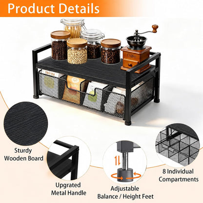 Tea Bag Organizer, Wooden Tea Box with Drawer and Top Tray, Rustic Brown