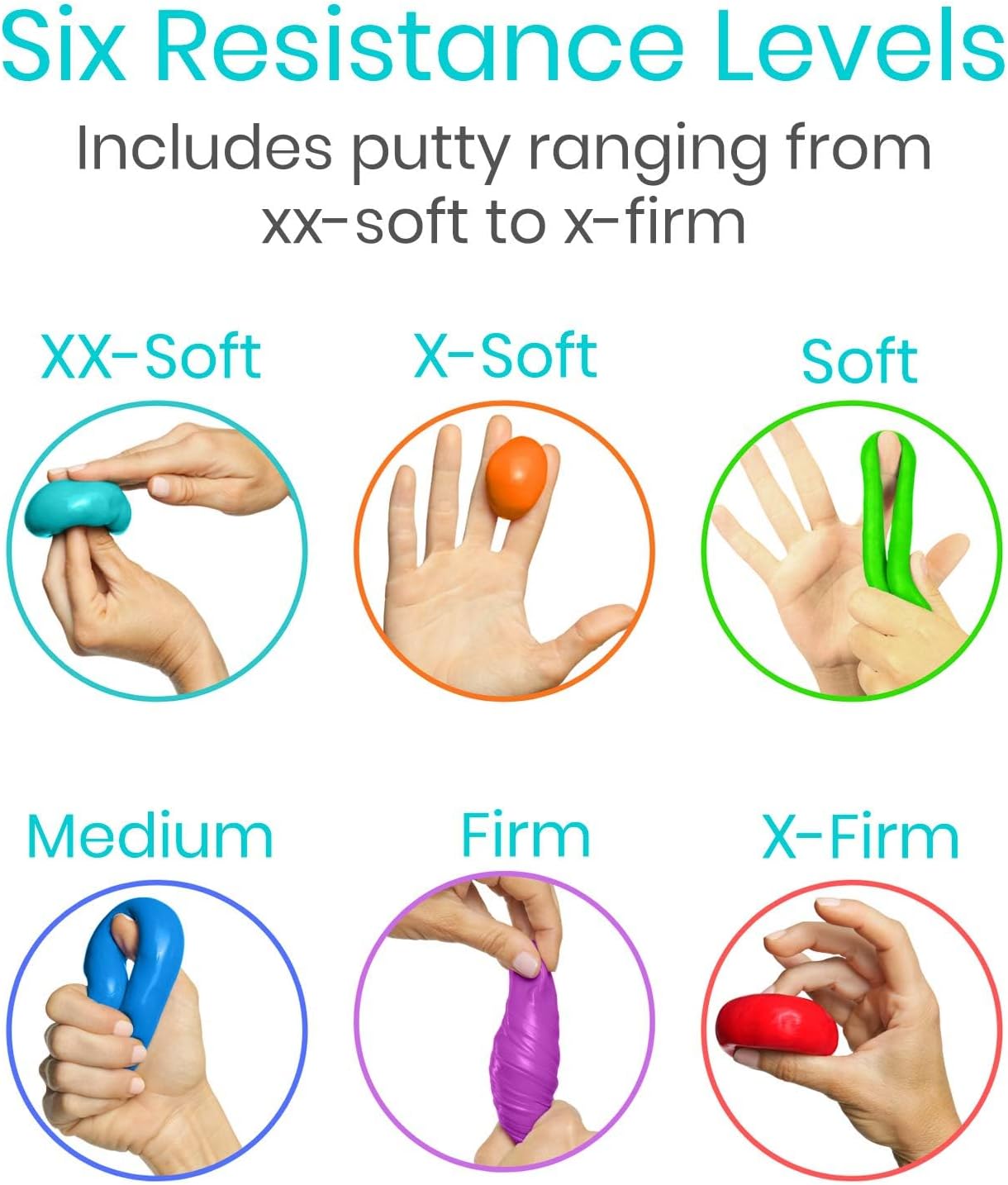 Vive Therapy Putty (6 Pack) - Putty for Hand - Stress Putty for Adults - Exercise Putty for Rehab, Finger, Grip Strength Resistance - Sensory Putty and Therapy Occupational Clay - 3 Ounces