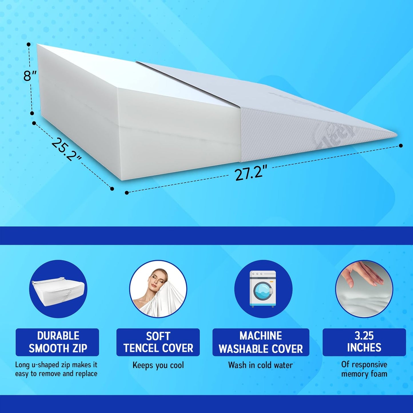 Sleepnitez FSA Eligible 8" Bed Wedge Pillow for Acid Reflux, Sleep Apnea