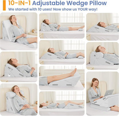 Sasttie Wedge Pillow Set for After Surgery, 2PCS Adjustable Bed Wedge Pillow Headboard with Memory Foam Neck Cushion – for Acid Reflux, Sleeping, Neck & Back Support, Dark Grey & White